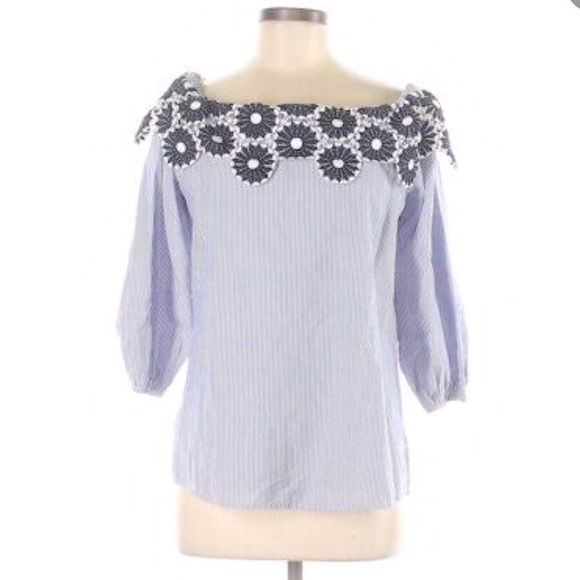 LOFT Tops - Ann Taylor LOFT Women's Blue and white pinstripe blouse embroidered Blouse S